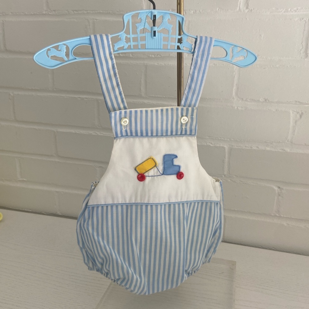 Baby Boy Vintage Blue And White Striped Summer Romper With Plastic Lining